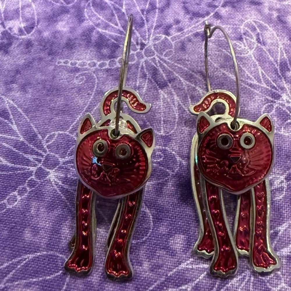 Edgar Berebi Womens Drop Earrings Red Enamel Articulated Cat Kitten Silver Tone